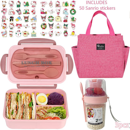 Sanrio Lunch Box Set 53pcs Bento Box with Thermal Bag Breakfast Cup Portable Sealed Compartment Microwave for Work Picnic School