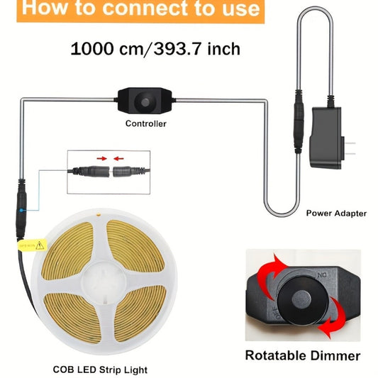 COB LED Strip Light 4800LEDs 32.8FT No Dark Spots - High Density Dimmable Knob Switch Ultra-Thin 8mm Flexible Tape Light for Under Cabinet TV Backlight Kitchen Vanity Mirror Bedroom Bathroom
