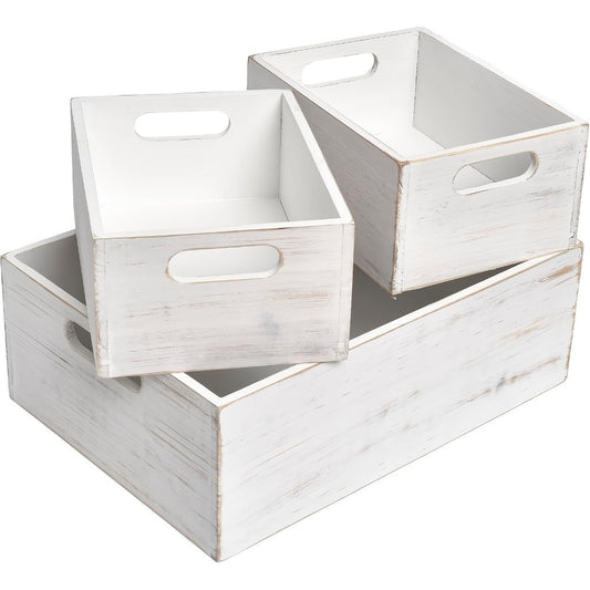 Wooden Crates with Handles Set of 3 – Rustic Farmhouse Storage Boxes for Pantry, Shelf, Closet, Arts & Crafts, Home Organizer Decorative Wood Crate Display Boxes Brown