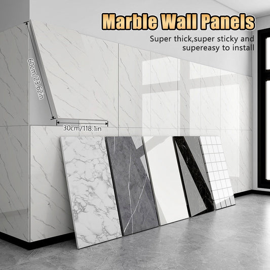 Marble Peel and Stick Wall Panels Self-Adhesive 3D Decorative Tiles - Glossy Marble Sheets for Bathroom Kitchen Living Room - Removable Vinyl Planks White Grey Black Imitation Stone DIY Home Decor