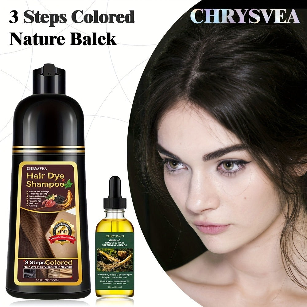 Hair Dye Shampoo, CHRYSVEA 500ml Bottle with 30ml Hair Oil and Nine Shade Options Set for At-Home Color Selection