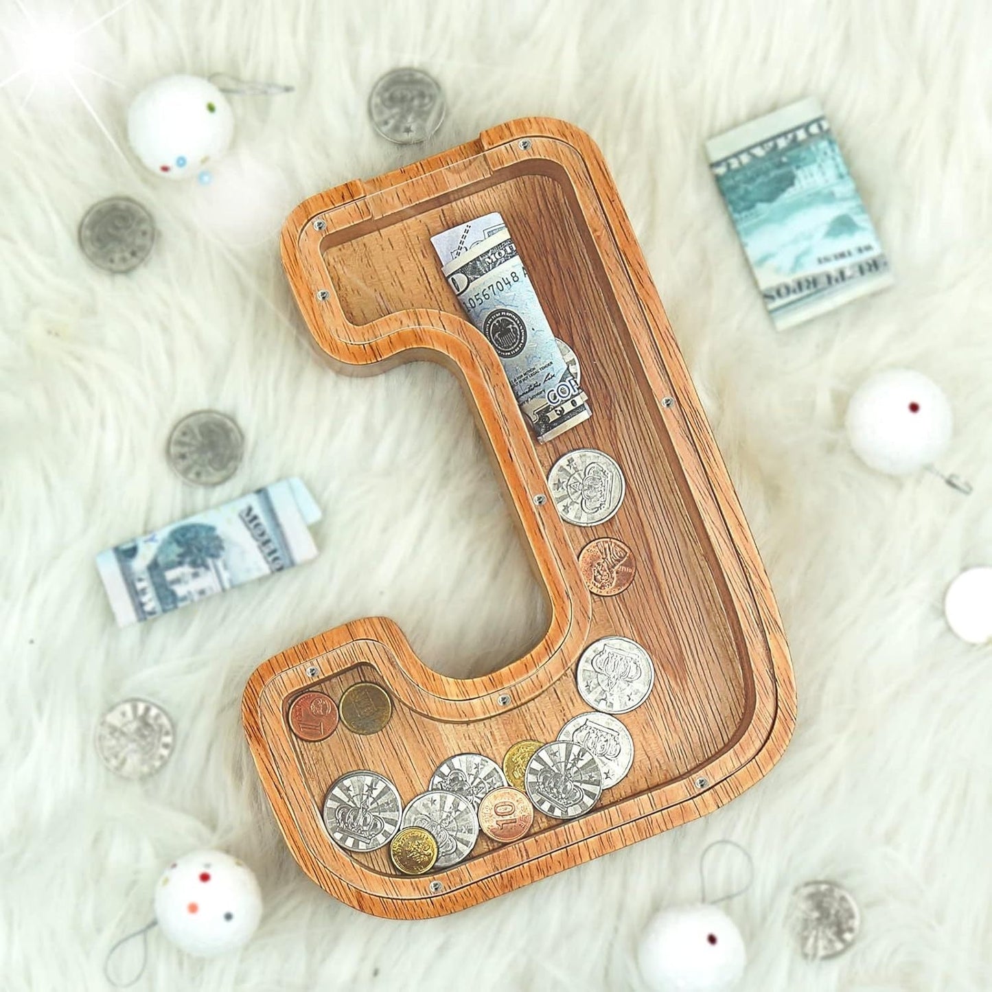 Wooden Alphabet Letter Coin Bank with Clear Front Panel and 23 Fixed Initial Options for Display