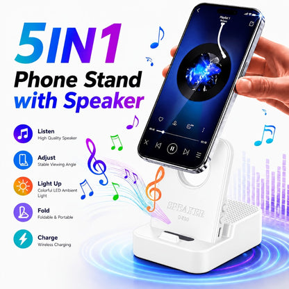 Magnetic Wireless Speaker Stand with Emergency Charging, 360° Adjustable Foldable Phone Holder, Portable Bluetooth Speaker
