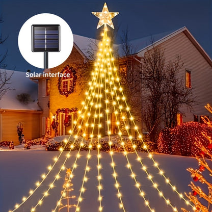 Christmas Tree Waterfall Fairy Lights 200 LED with Star Top Decoration, 8 Lighting Modes — Battery, Solar & USB Powered Indoor Outdoor Colorful Cascading Holiday Light Strip