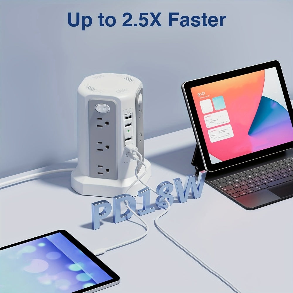 Surge Protector Power Strip Tower 17-in-1 with 12 AC Outlets, 4 USB-A, USB-C PD 18W and Four Group Switches