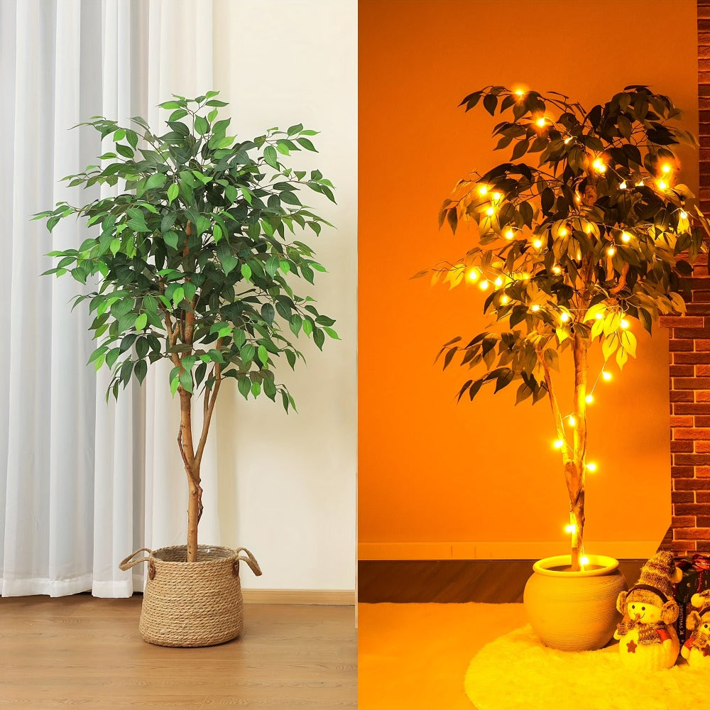 Artificial Ficus Tree Tall Fake Potted Plant Natural Wood Trunk Lifelike Silk Leaves 4FT 5FT 6FT 7FT Indoor Outdoor Living Room Bedroom Office Home Decor No Maintenance