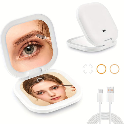 Makeup Mirror Foldable Dual-Sided Compact with Three Light Colors, Touch Brightness, USB-C Charging and Pink or White Finish