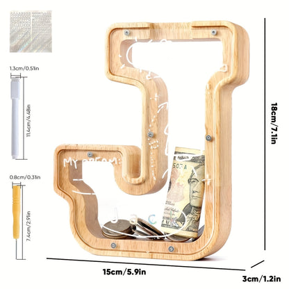 Alphabet Wooden Money Bank with Clear Front Panel, Coin Slot and A-to-Z Letter Options for Adults