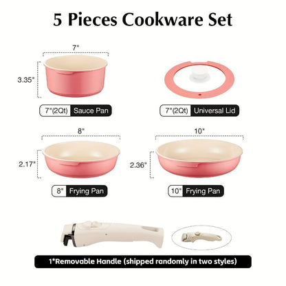 Nonstick Cookware Set 5-Piece Detachable Handle Aluminum Pots and Pans – Space-Saving Stackable Induction Compatible | 8 & 10 Inch Frying Pan Soup Pot Universal Lid | White Pink Beige Coral Pink