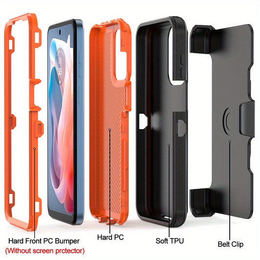 Phone Case Multi-Layer PC and TPU Cover with Belt Clip Holster and Kickstand for Moto G Play 2024