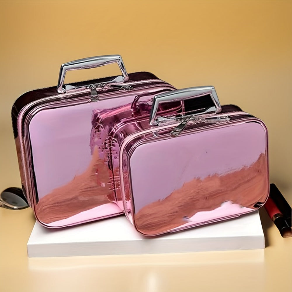 Glitter Makeup Travel Case Hard Shell Large Capacity Flat Lay Organizer Luxury Cosmetic Storage Box for Women Portable Fits in Suitcase Gold Rose Red Pink Size L Beauty Gift