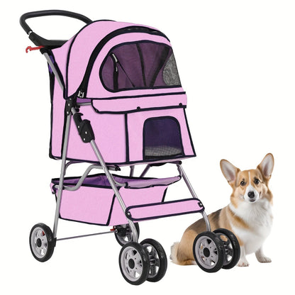 Four-Wheel Pet Stroller with Box Cabin, Wraparound Handle, Cup Tray, Lower Basket and Five Colors