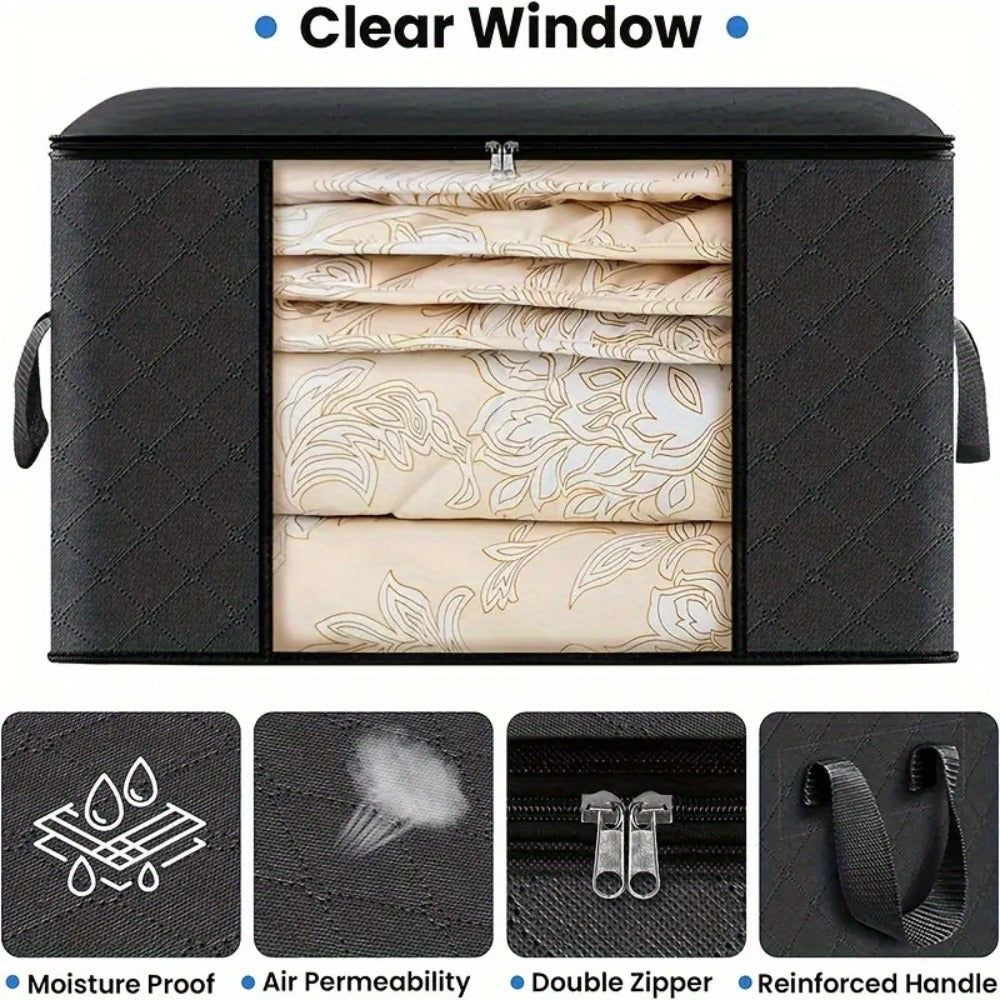 Four-Piece Foldable Storage Bag Set in Black or Gray with Clear Front Panels and Reinforced Side Handles