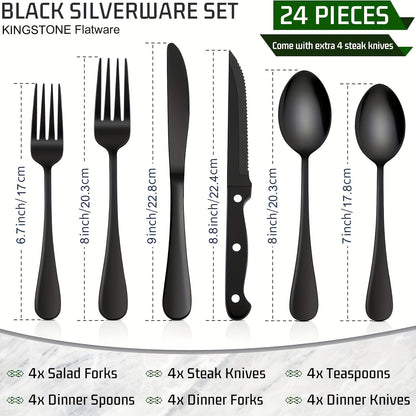 Stainless Steel Flatware Set with Steak Knives – 24/48 Piece Silverware Set Service for 4 or 8, Mirror Polished Cutlery, Dishwasher Safe, Silver & Black