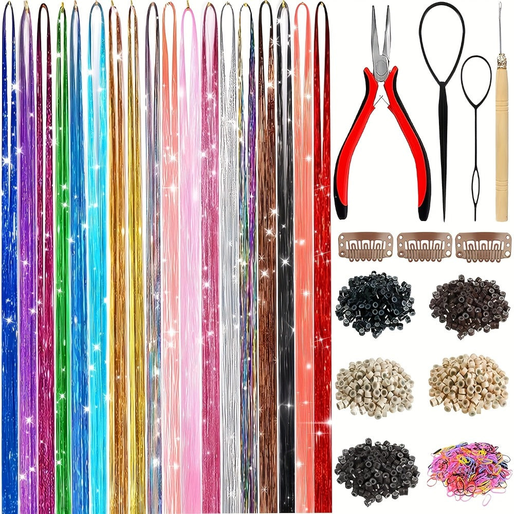 48-Inch Hair Tinsel Extension Kit with 18 Glitter Colors, 7,700 Strands, Micro Beads and Loop Tool