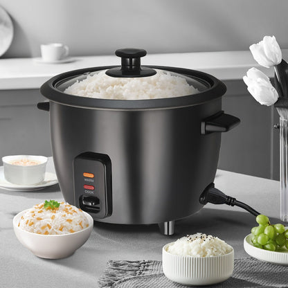 Three-Cup Uncooked / Six-Cup Cooked Rice Cooker with One-Touch Cook and Warm Modes, Inner Pot and Accessories