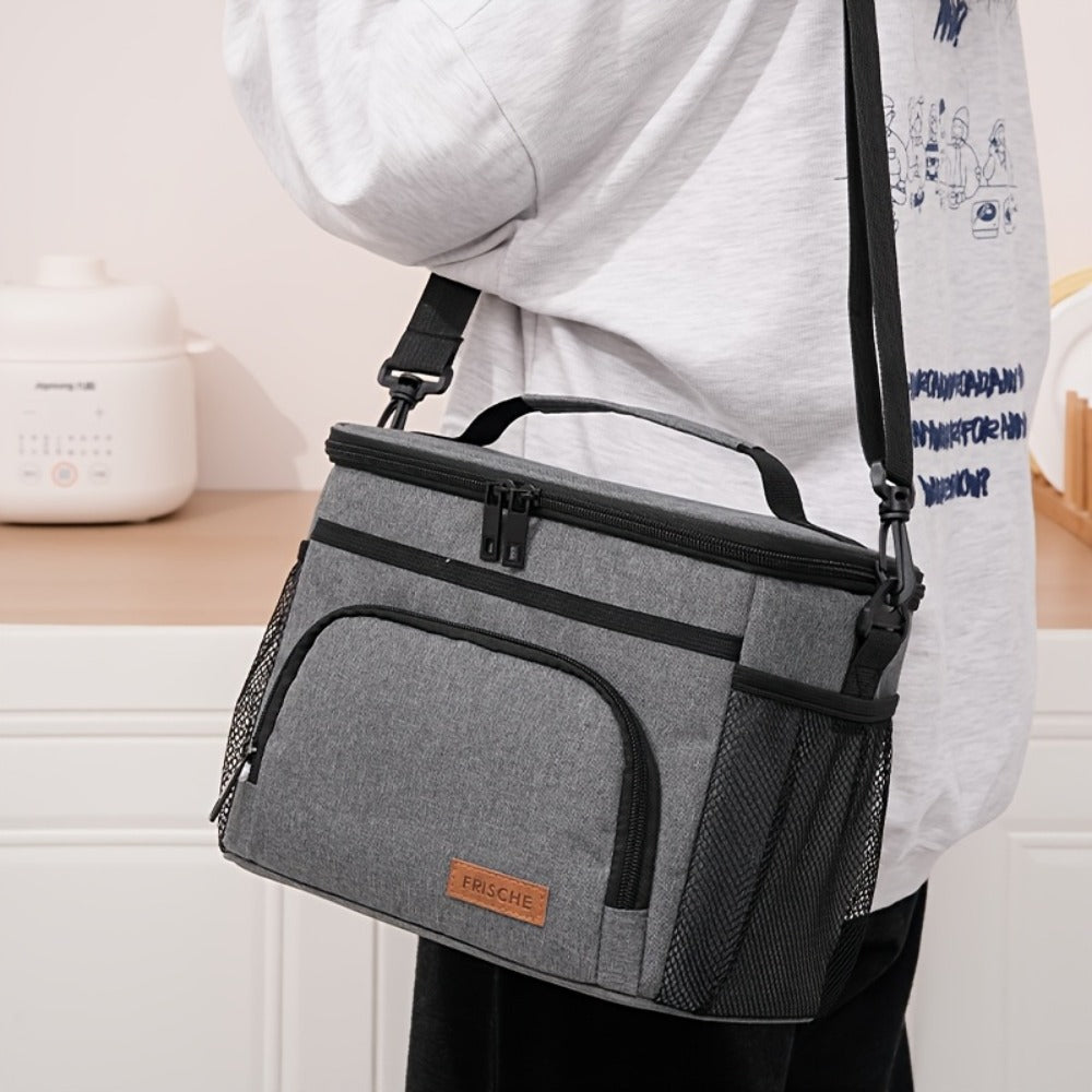 Insulated Lunch Bag with Adjustable Shoulder Strap, Dual Zippers and Black, Grey or Blue Color Options