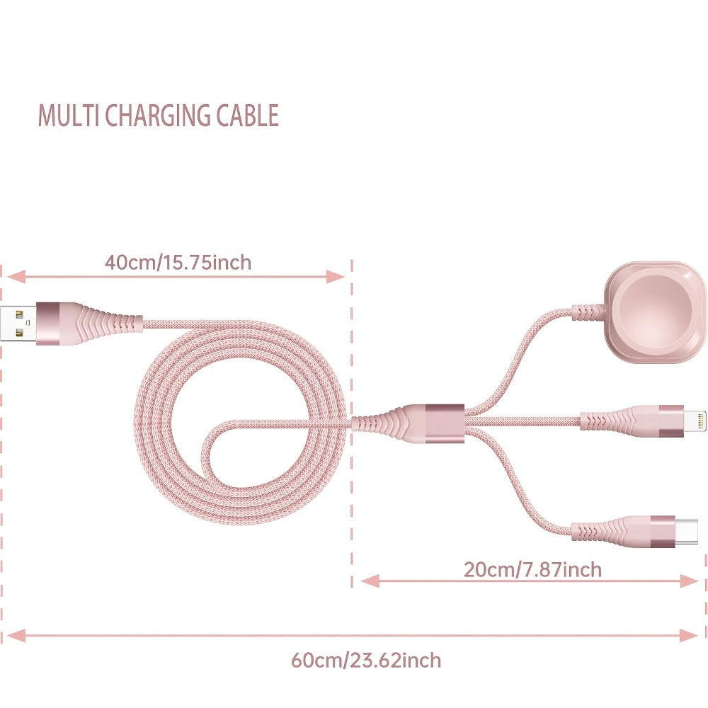 24-Inch Pink Braided Charging Cable with USB-A Input, Lightning, USB-C and Magnetic Watch Pad