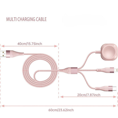24-Inch Pink Braided Charging Cable with USB-A Input, Lightning, USB-C and Magnetic Watch Pad