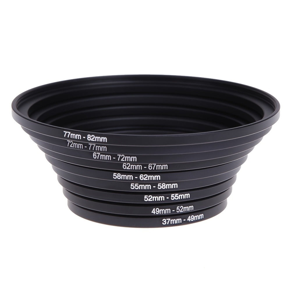 18-Piece Step-Up and Step-Down Lens Filter Adapter Ring Set Covering 37–82 mm Thread Sizes