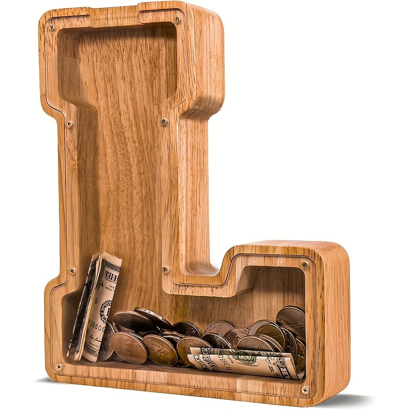 Wooden Alphabet Letter Coin Bank with Clear Front Panel and 23 Fixed Initial Options for Display