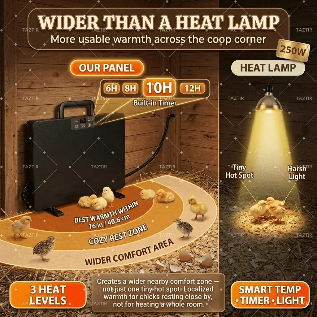 Brooder Heater 250W Heating Panel for Chicks, Ducklings & Quail | 3 Heat Levels, 4-Timer Settings, Digital Display, Dual Thermostat – Smart Heat Lamp Alternative for Coop & Brooder