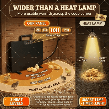Brooder Heater 250W Heating Panel for Chicks, Ducklings & Quail | 3 Heat Levels, 4-Timer Settings, Digital Display, Dual Thermostat – Smart Heat Lamp Alternative for Coop & Brooder