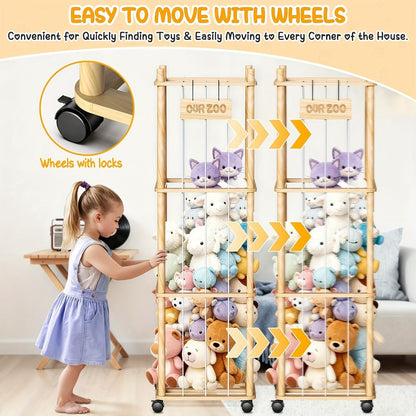 Stuffed Animal Storage Holder with Wheels Natural Pine Wood Plush Toy Organizer Zoo Rack - Large Capacity 2 or 3 Tier with Building Block Bag for Nursery Playroom Bedroom Space Saver