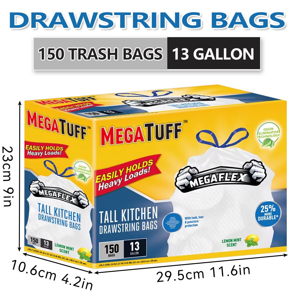 White Drawstring Kitchen Trash Bags, 13-Gallon 150-Count Pack in Three Rolls with Exact Checkout Configuration