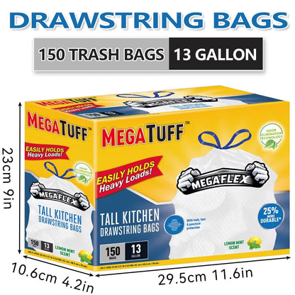 White Drawstring Kitchen Trash Bags, 13-Gallon 150-Count Pack in Three Rolls with Exact Checkout Configuration