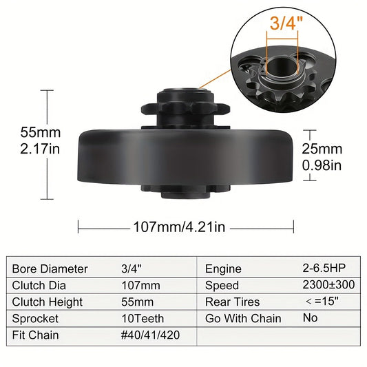 Centrifugal Clutch 3/4" Bore 10 Tooth for #40 41 420 Chain – Fits Predator 212cc, Honda GX160 GX200, Go Kart Minibike Baja MB165 MB200, Up to 6.5 HP Engines
