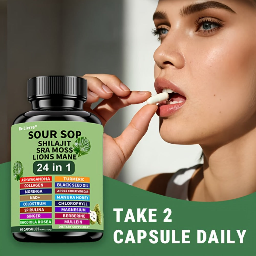 Dietary Supplement Sea Moss 24-in-1 Capsules with Soursop, Lion’s Mane and Shilajit, One or Two Bottles