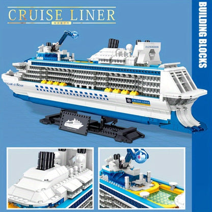 Cruise Ship Building Block Model with 2,428 Pieces, Display Stand, Support Frame and Detailed Deck Features