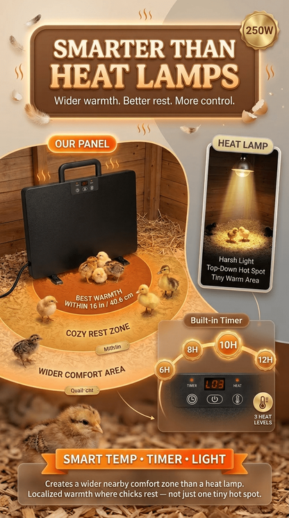 Brooder Heater 250W Heating Panel for Chicks, Ducklings & Quail | 3 Heat Levels, 4-Timer Settings, Digital Display, Dual Thermostat – Smart Heat Lamp Alternative for Coop & Brooder