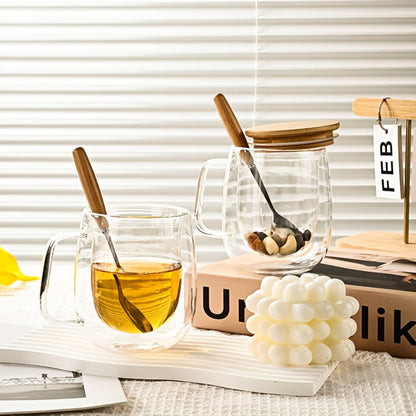 Four-Piece Double-Wall Glass Coffee Cup Set with 350 ml Capacity, Wooden-Style Lids and Spoons