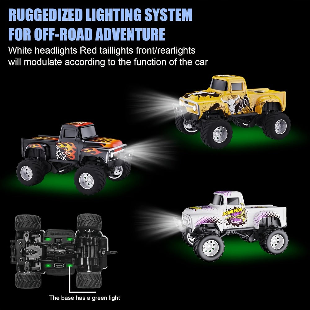 Remote Control Car, 1:64 Scale Die-Cast Monster Truck with 2.4GHz Control, LED Headlights and Five Color Options