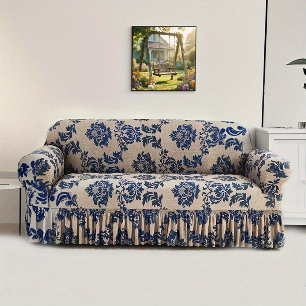 Sofa Slipcover, Dark Blue Stretch Cover with Ruffle Skirt, Fixed Rod and One-to-Four-Seat Options