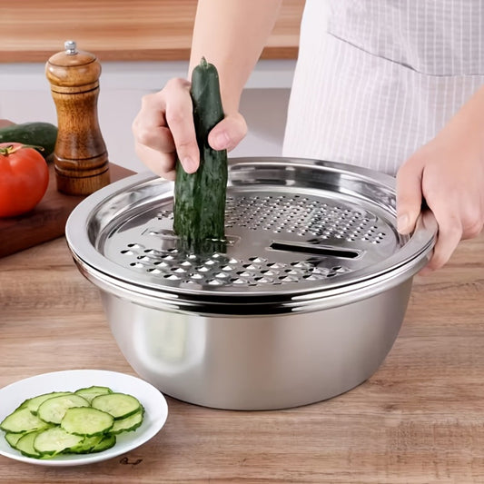 Stainless Steel Kitchen Tool Set 3pcs – Built-In Grinder, Colander Filter & Mixing Bowl for Washing, Slicing & Draining Fruits, Vegetables & Cheese, Food-Safe Drainage System