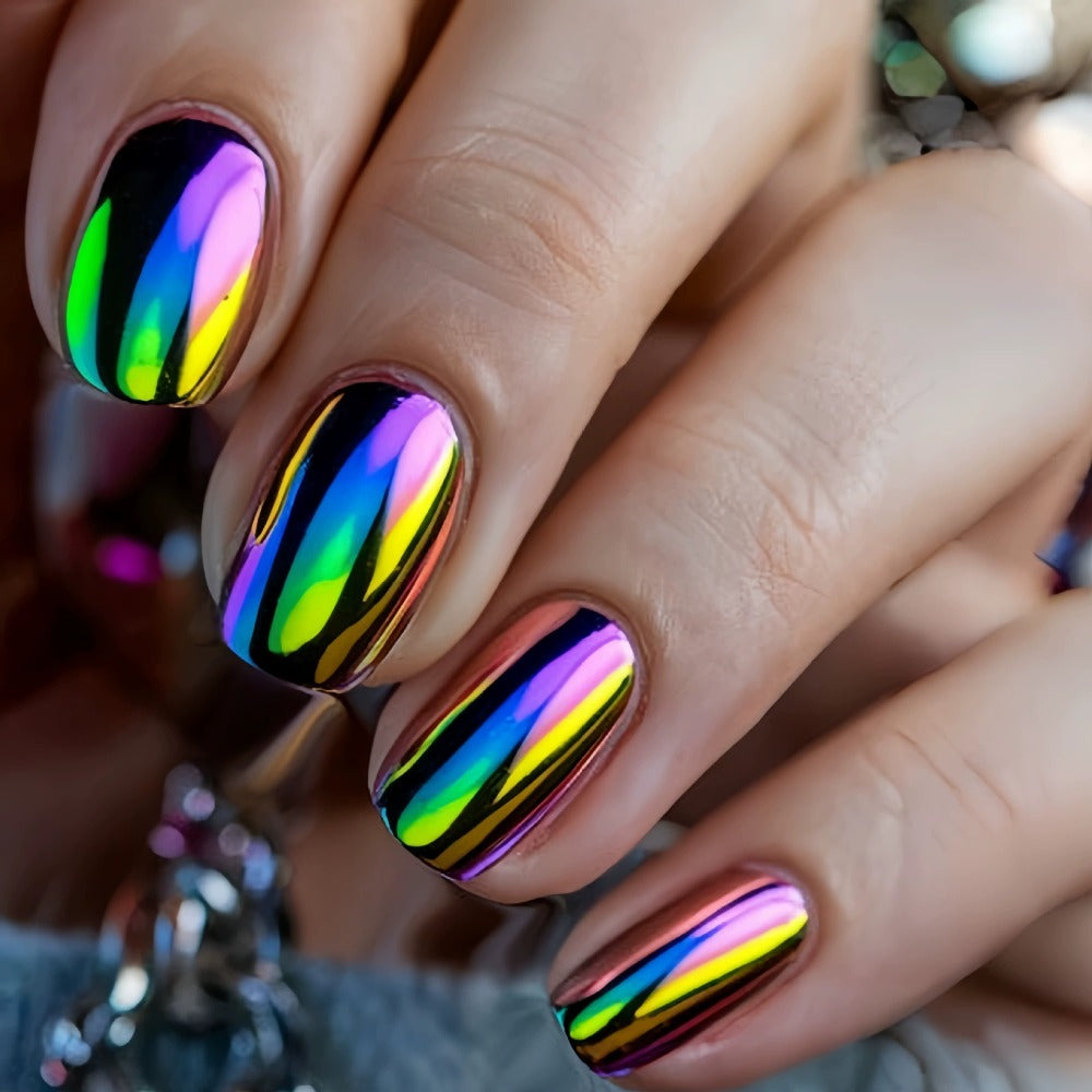Press On Nails 216-Piece Almond Pointed Nine-Pack Set with Purple Pink Silver Gold Styles and Glue