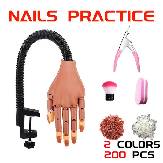 Nail Practice Hand Kit for Acrylic Nails Flexible Training Hand with 200pcs Replacement Nail Pads Clippers Files and Brush - Complete Manicure Training Tools for Beginners and Nail Salons