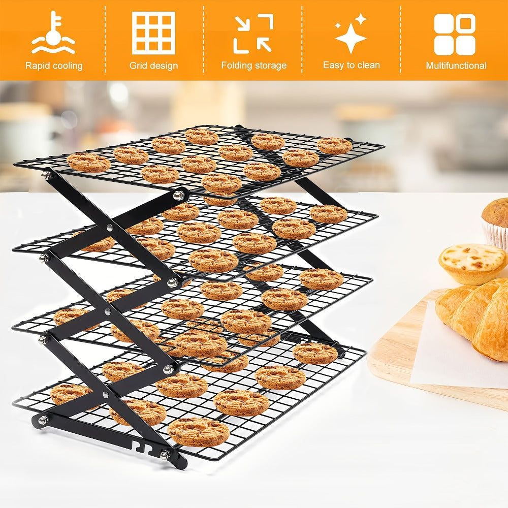 Foldable Cooling Rack Set – Stackable Oven Cookie Cake Drying Rack with Free Baking Tools (Silicone Spatula, Egg Beater, Tongs, Brush) | 3/4/5 Tier Options for Kitchen, Camping & Holiday Baking