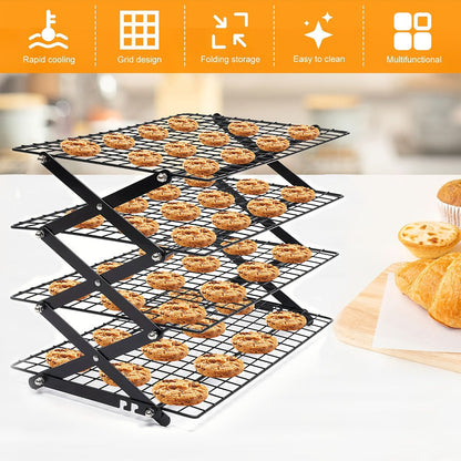 Foldable Cooling Rack Set – Stackable Oven Cookie Cake Drying Rack with Free Baking Tools (Silicone Spatula, Egg Beater, Tongs, Brush) | 3/4/5 Tier Options for Kitchen, Camping & Holiday Baking
