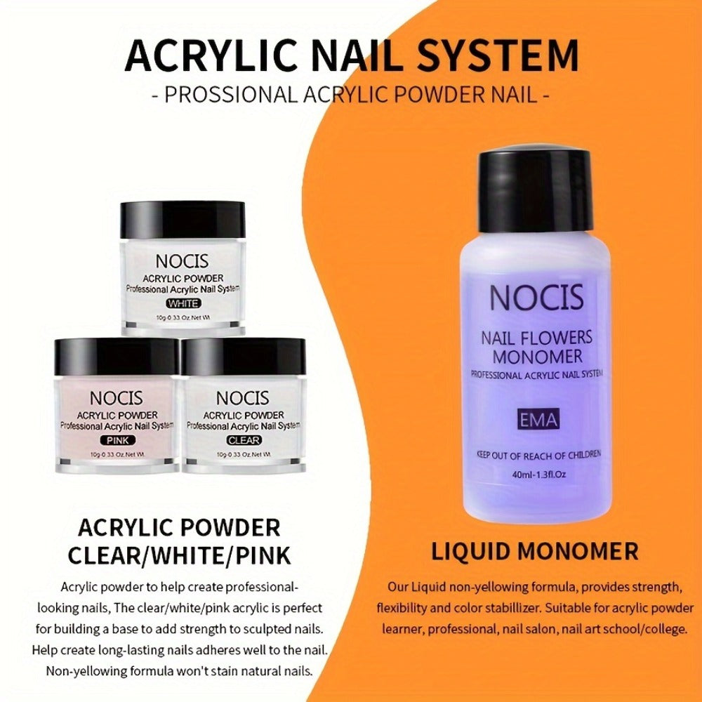 Acrylic Nail Kit NOCIS Clear, Pink and White Powders with Q Monomer, Primer, Brush Cleaner and Four Brushes