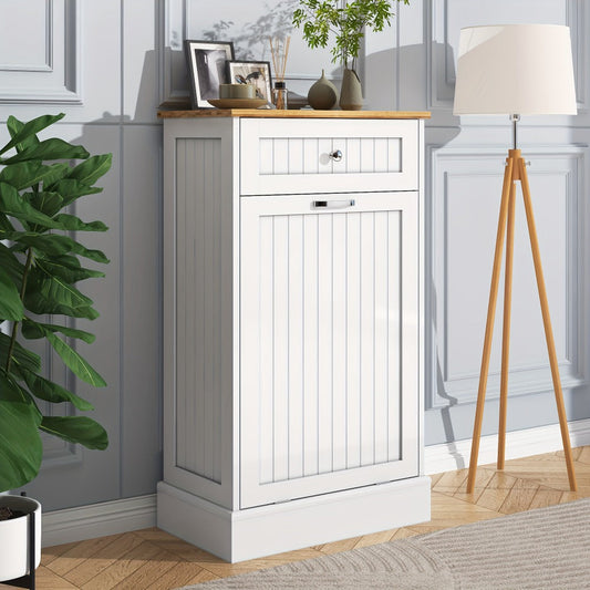 Tilt Out Trash Cabinet Freestanding Kitchen Garbage Cabinet with Cutting Board & Drawer – Wood Hideaway Recycling Station, Fits 10 Gal, Black/White