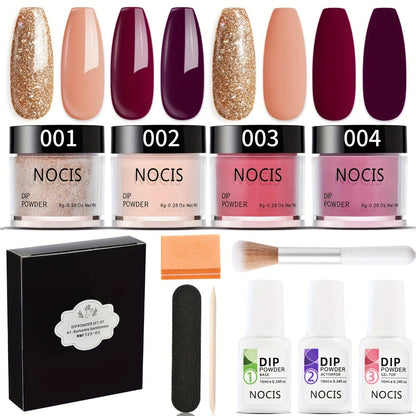 Dip Powder Nail Kit with NOCIS Label, Four Brown Nude Burgundy Glitter Powders, Three 10ml Liquids and Tools