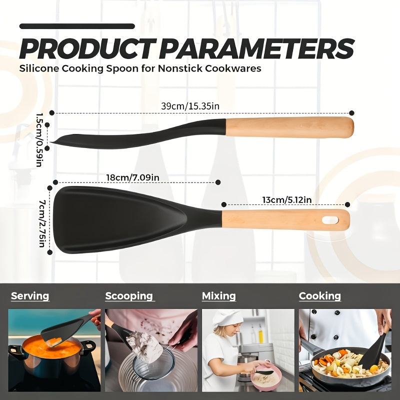 Silicone Kitchen Utensil Set 2/4 Pcs – 12-Inch Wood Handle Cooking Tools with Stay-Cool Grip for Frying, Baking, Mixing & Serving, Non-Stick Cookware Safe Spatula & Spoon Kit