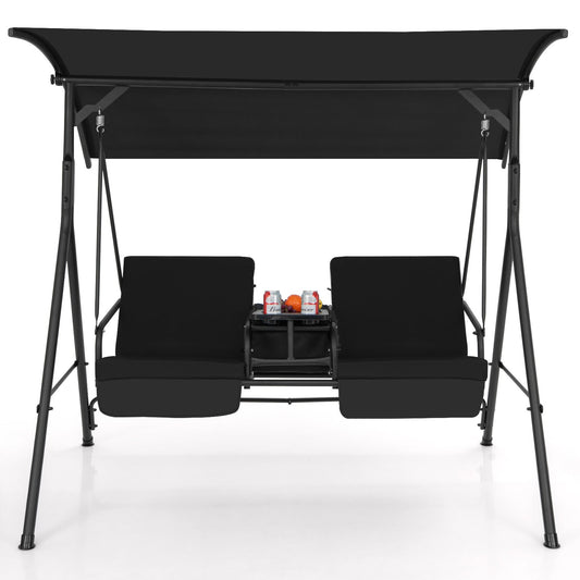Patio Canopy Swing 2-Person with Cooler Bag Rotatable Tray Cushions 529lbs Backyard