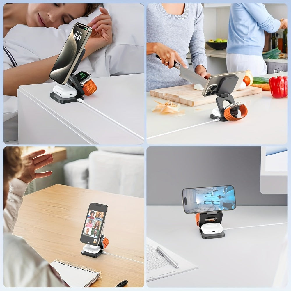 Wireless Charging Station, Alilong Foldable 3-in-1 Magnetic Travel Dock in Black for Apple Devices