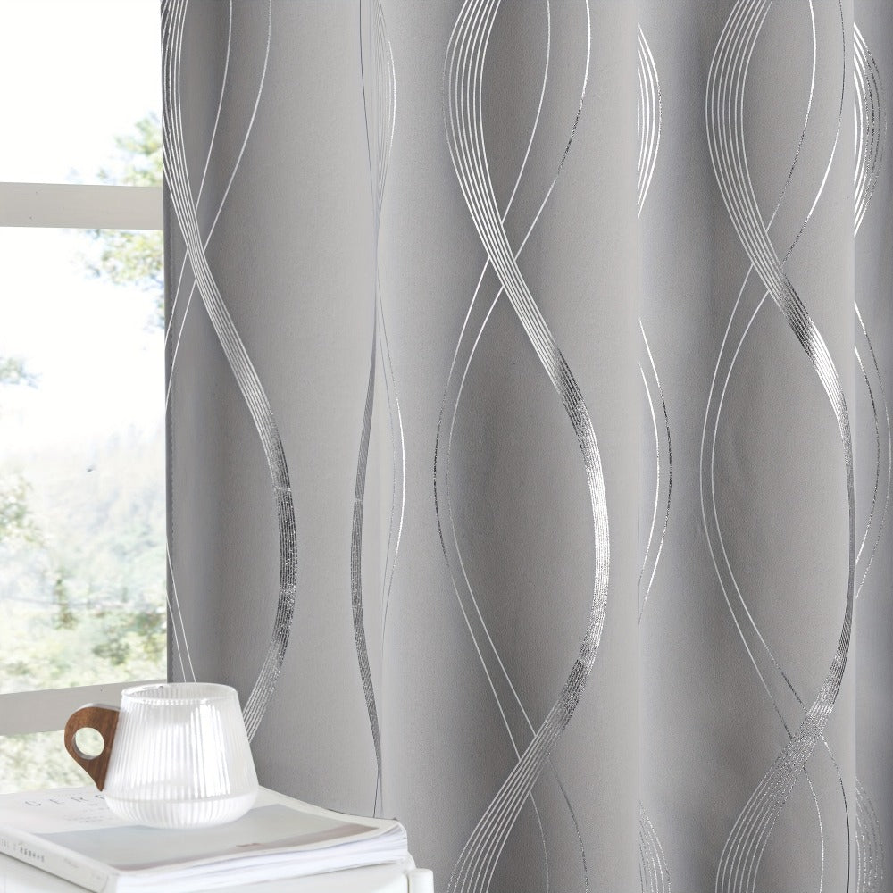 Two-Panel Wave-Line Foil Print Blackout Curtains in 10 Colors with 42- or 52-Inch Width Options