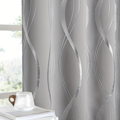 Two-Panel Wave-Line Foil Print Blackout Curtains in 10 Colors with 42- or 52-Inch Width Options